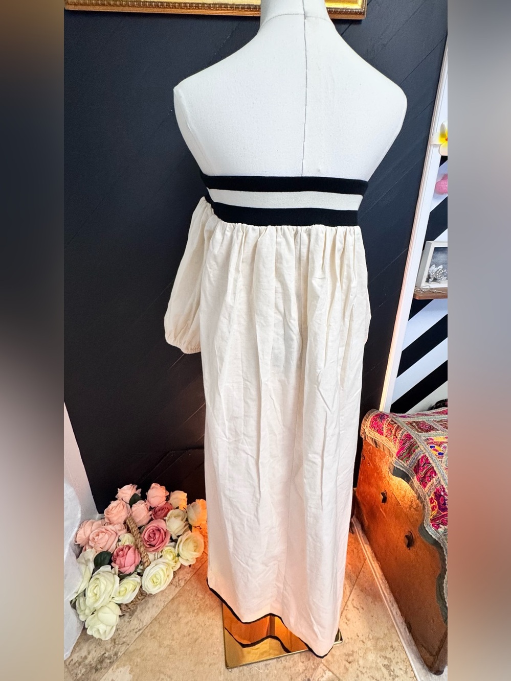 STYLEWE Cream Of-The-Shoulder Puff Sleeve Dress with Black Trim - Picture 11 of 12